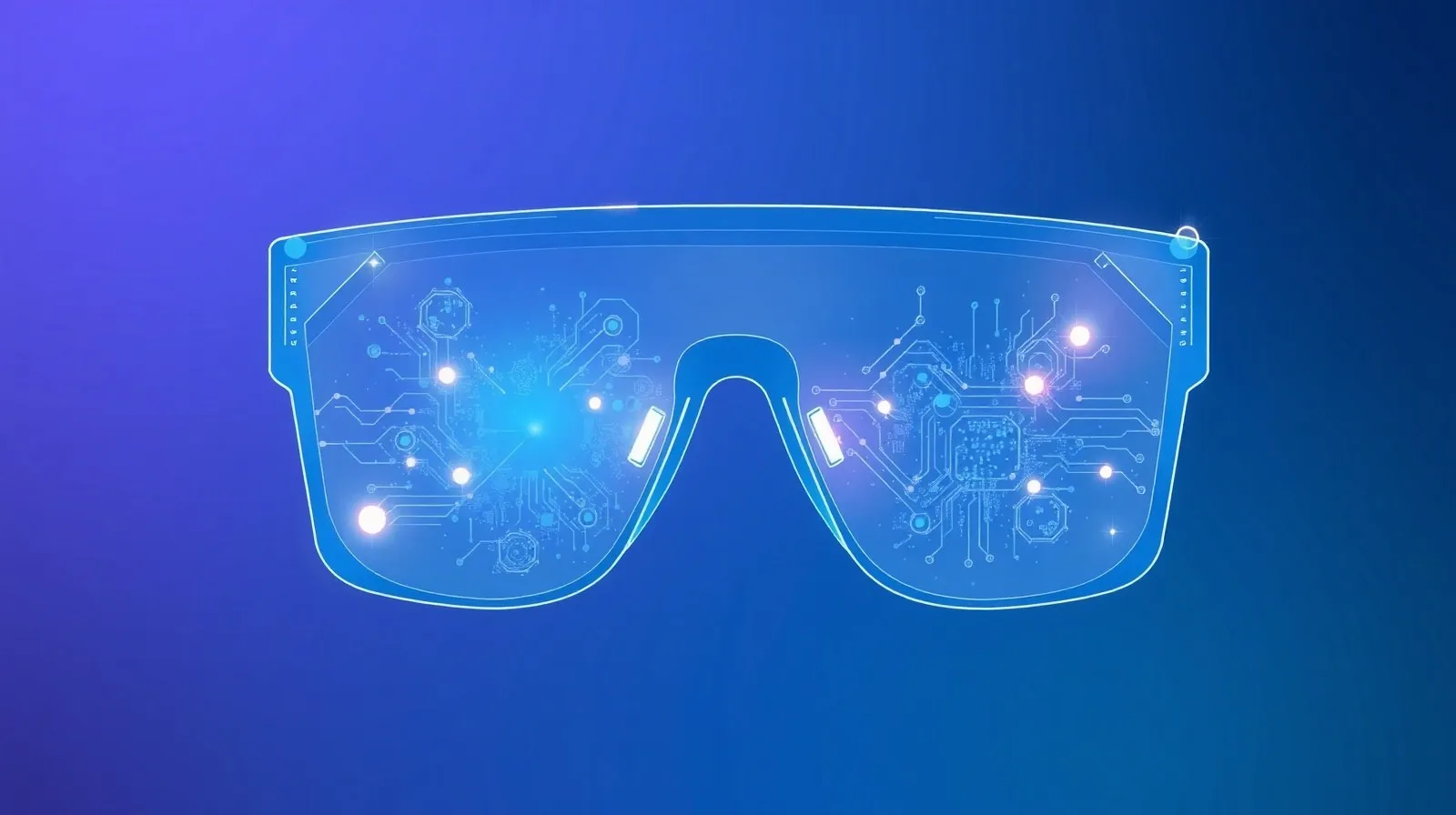 Ilustración abstracta de unos lentes inteligentes con líneas de luz y formas geométricas que representan la tecnología de realidad aumentada