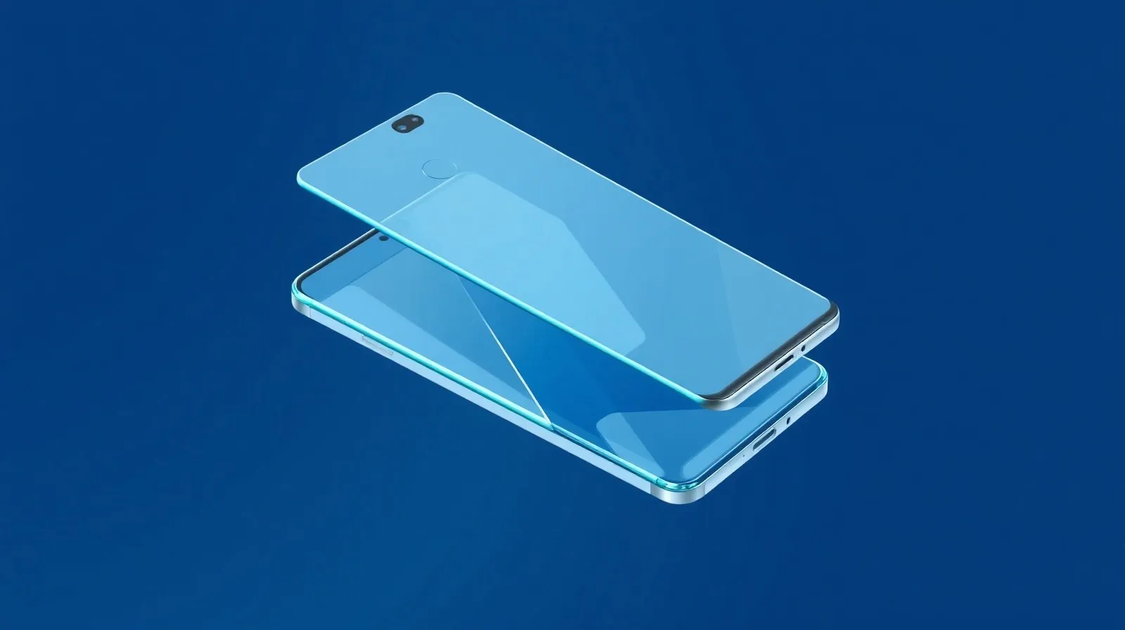 Ilustración abstracta de formas geométricas que representan un teléfono plegable en tonos azules y plateados