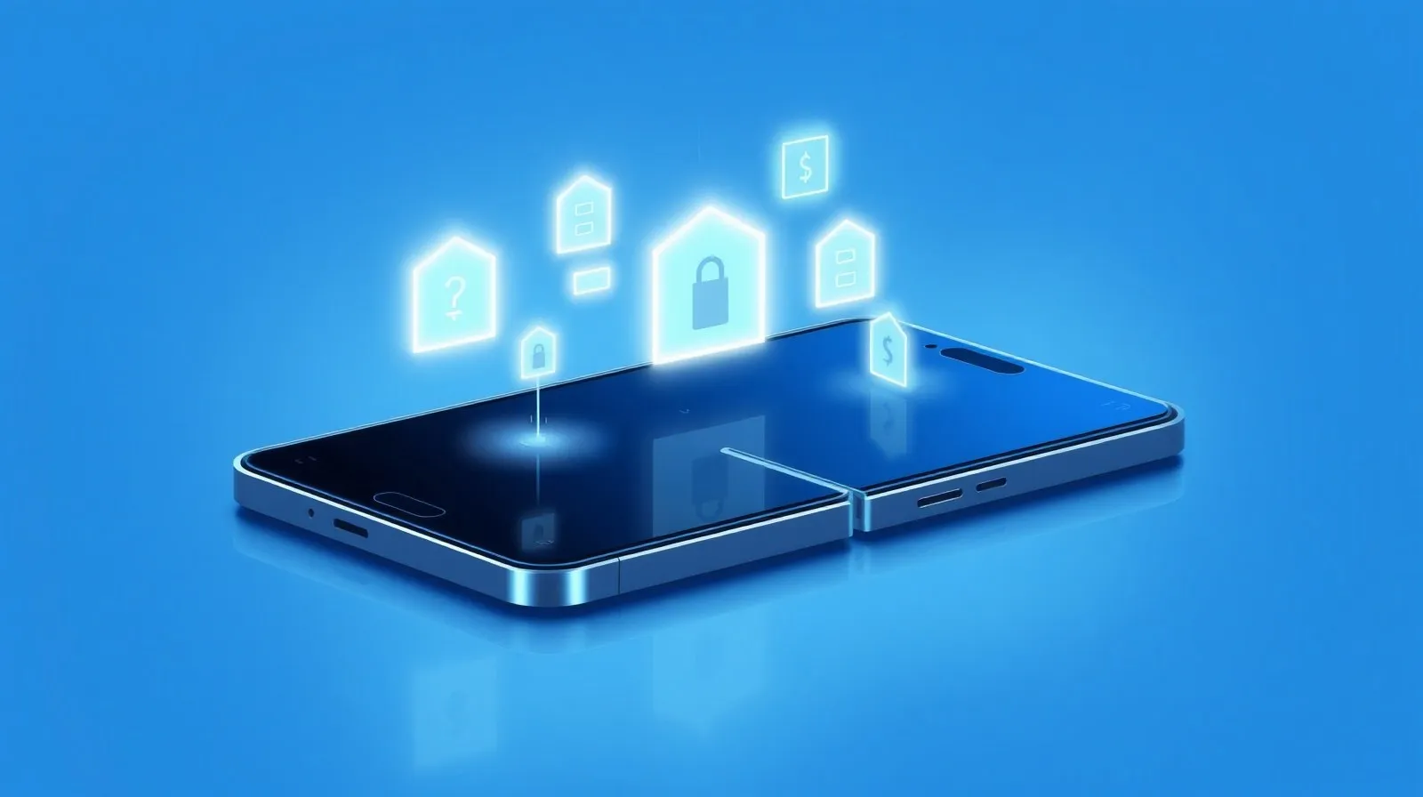 Ilustración abstracta de un teléfono plegable con íconos de almacenamiento y precios flotando alrededor
