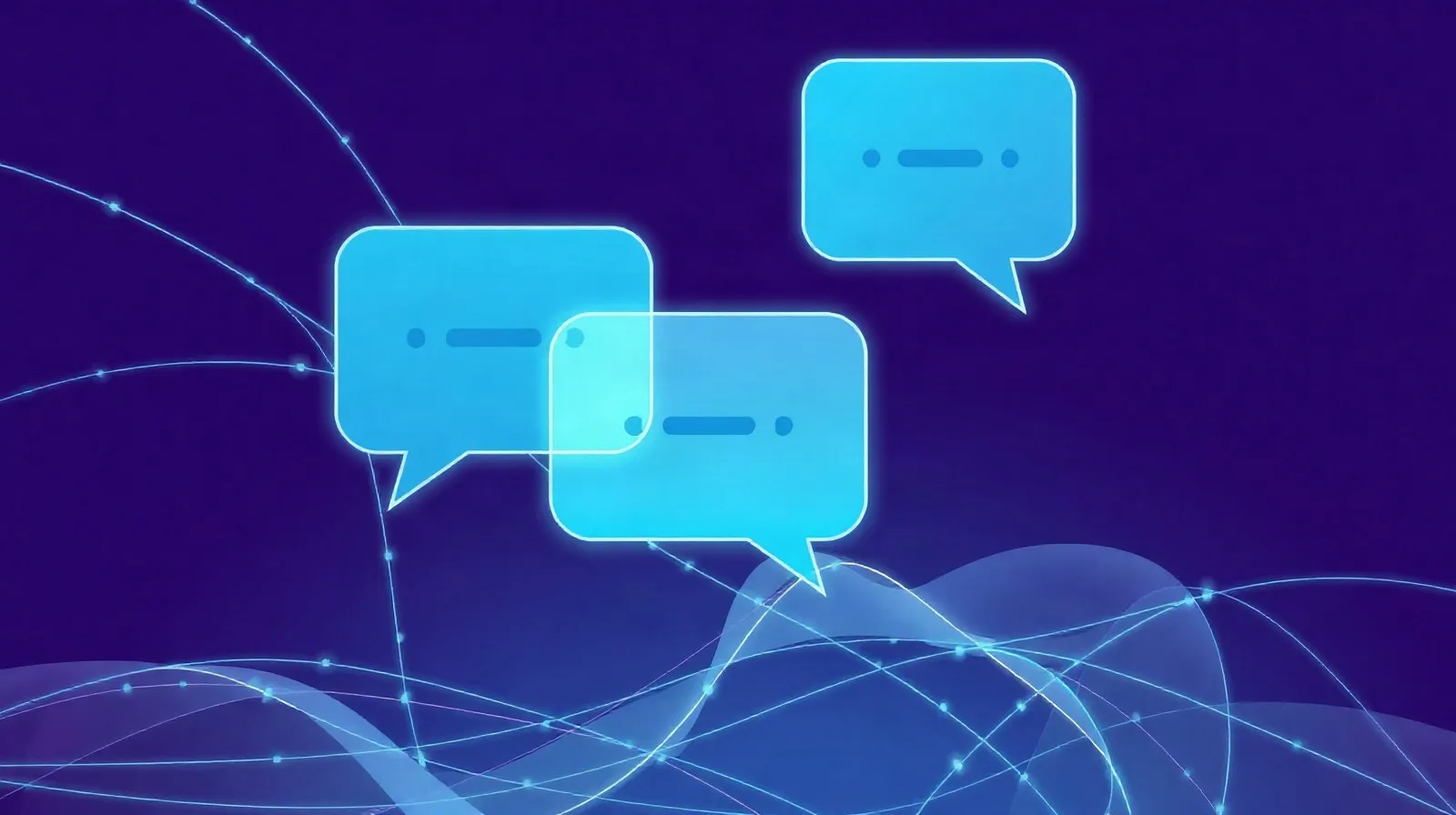 Ilustración abstracta de burbujas de diálogo conectadas por líneas de luz, simbolizando la traducción y comunicación multilingüe con inteligencia artificial