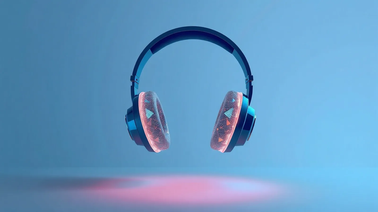 Ilustración abstracta de unos audífonos over-ear futuristas en tonos azules y plateados