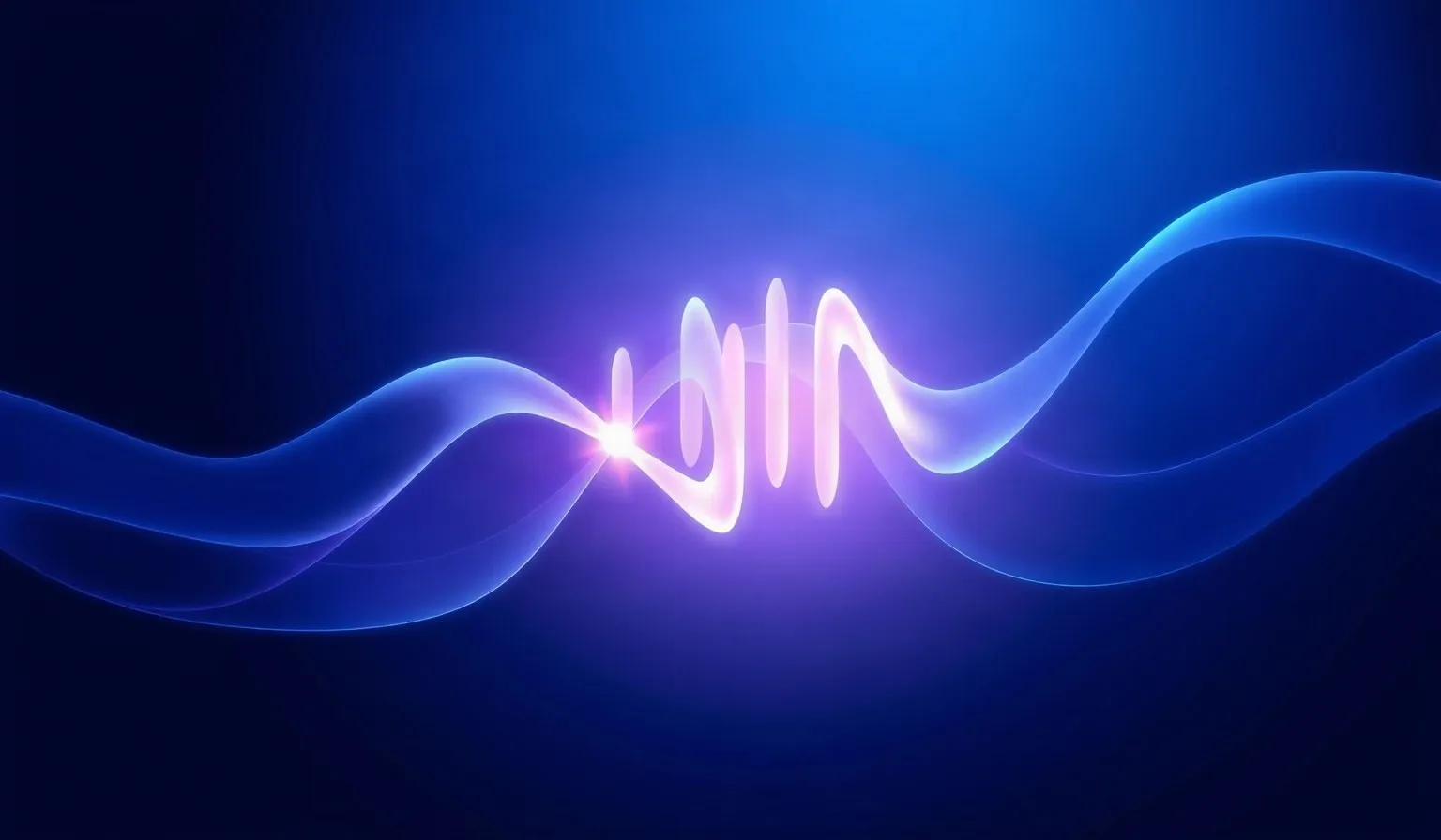 Ilustración abstracta de ondas de voz traslúcidas en tonos azules y violetas representando un asistente de inteligencia artificial
