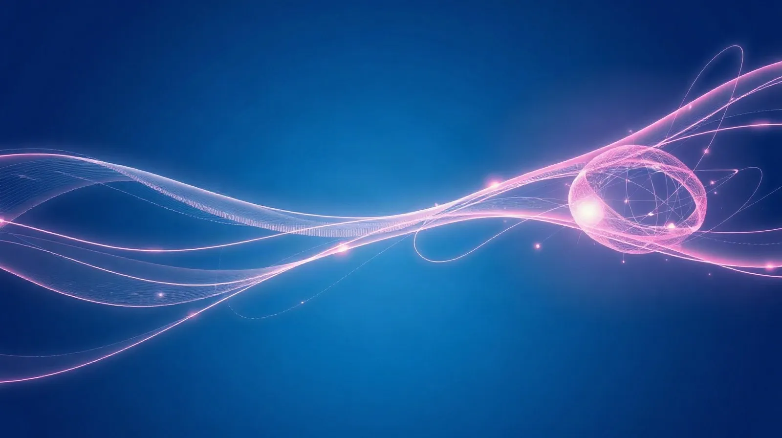 Ilustración abstracta de ondas sonoras y redes neuronales representando un asistente de voz con inteligencia artificial