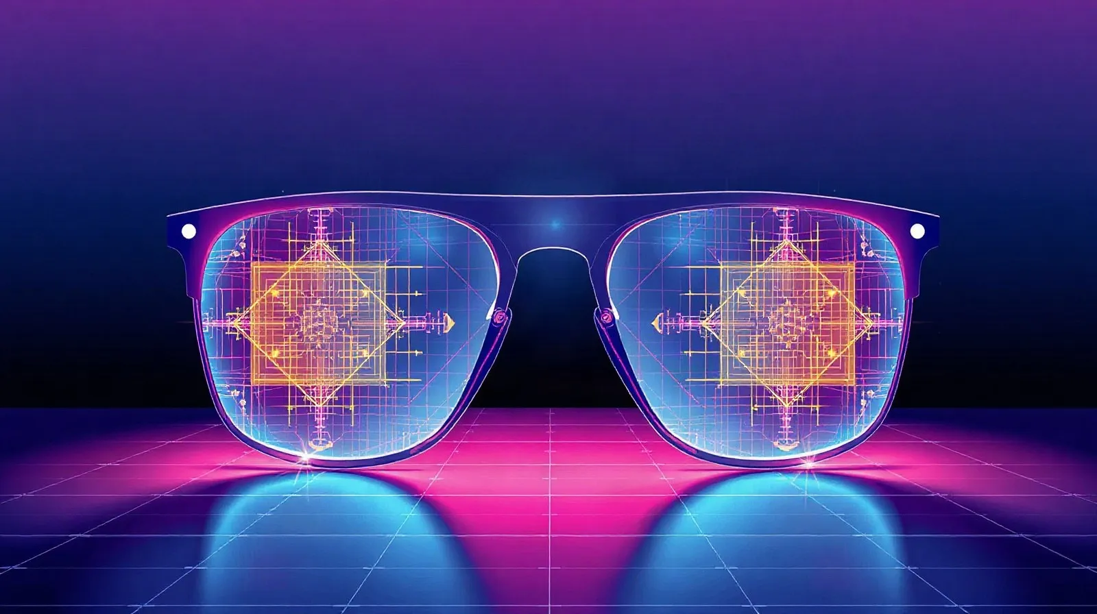 Ilustración abstracta de unos lentes de realidad aumentada con capas digitales translúcidas y tonos azules y violetas
