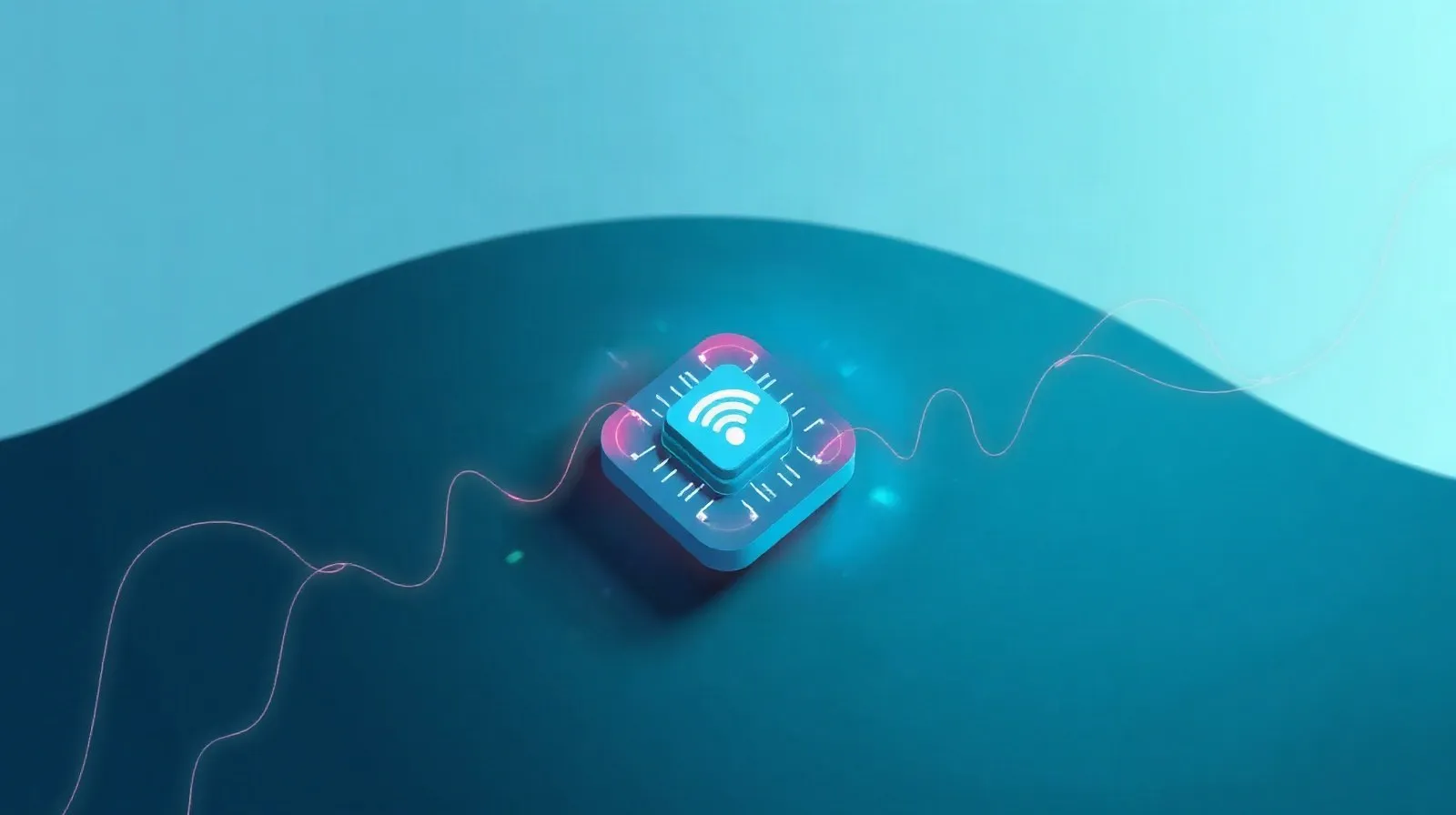 Ilustración abstracta de un chip de audio inalámbrico con ondas de sonido y señales Wi-Fi en tonos azules
