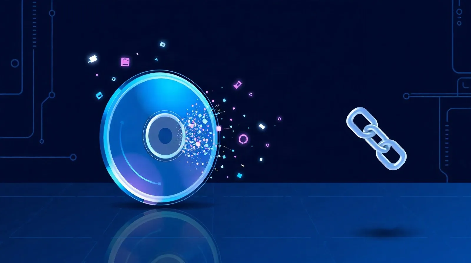 Ilustración abstracta de un disco digital disolviéndose en partículas de luz, simbolizando la incertidumbre sobre la propiedad de los juegos digitales