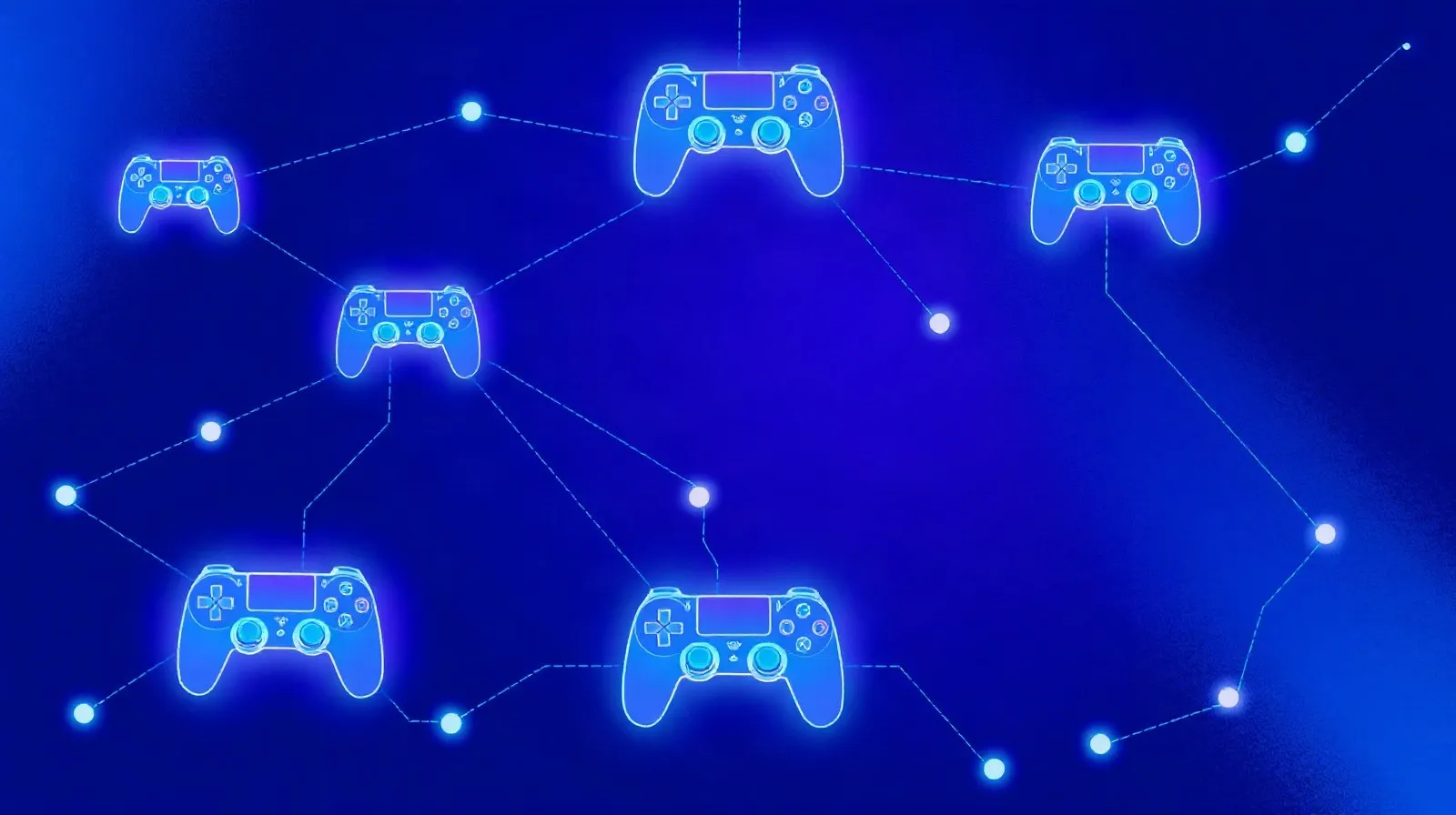 Ilustración abstracta de una red digital conectada a siluetas de consolas y controles, representando el ecosistema de PlayStation