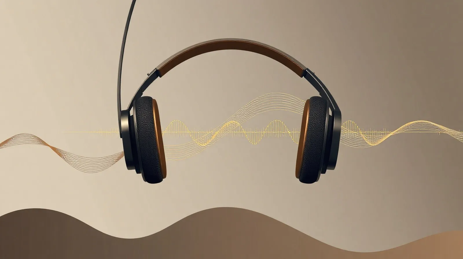 Ilustración abstracta de ondas sonoras y formas geométricas en tonos dorados que evocan audífonos premium