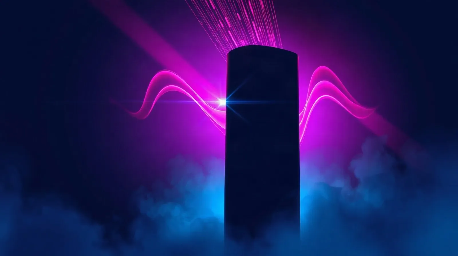 Ilustración abstracta de ondas de sonido y luces LED alrededor de un parlante de torre en un ambiente de fiesta