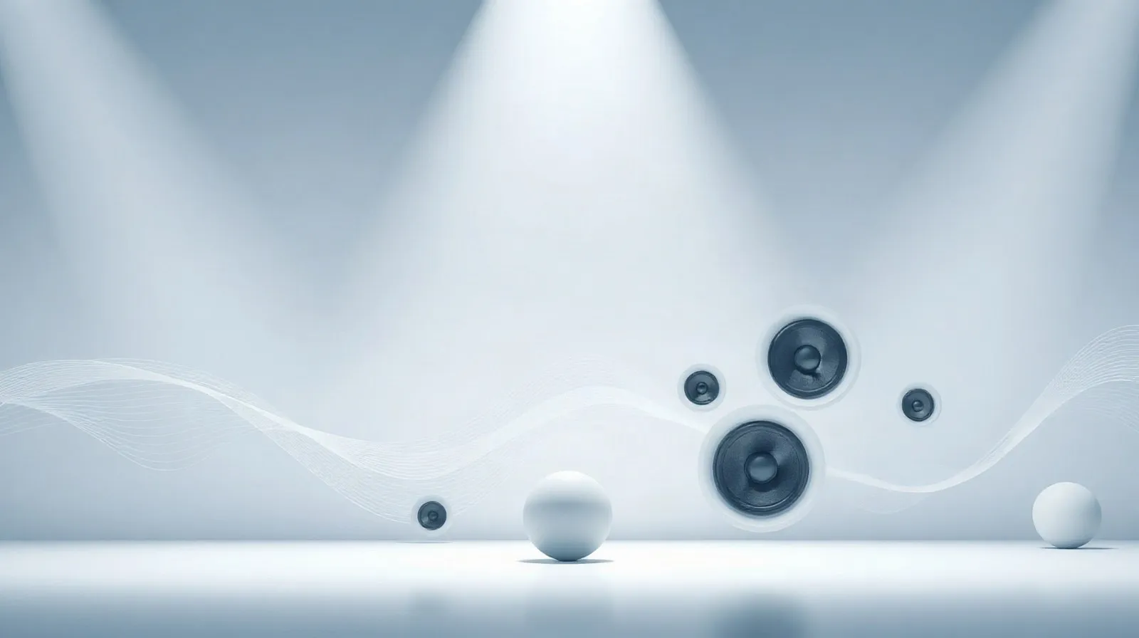 Ilustración abstracta de ondas de sonido y formas geométricas evocando parlantes inalámbricos de videojuegos
