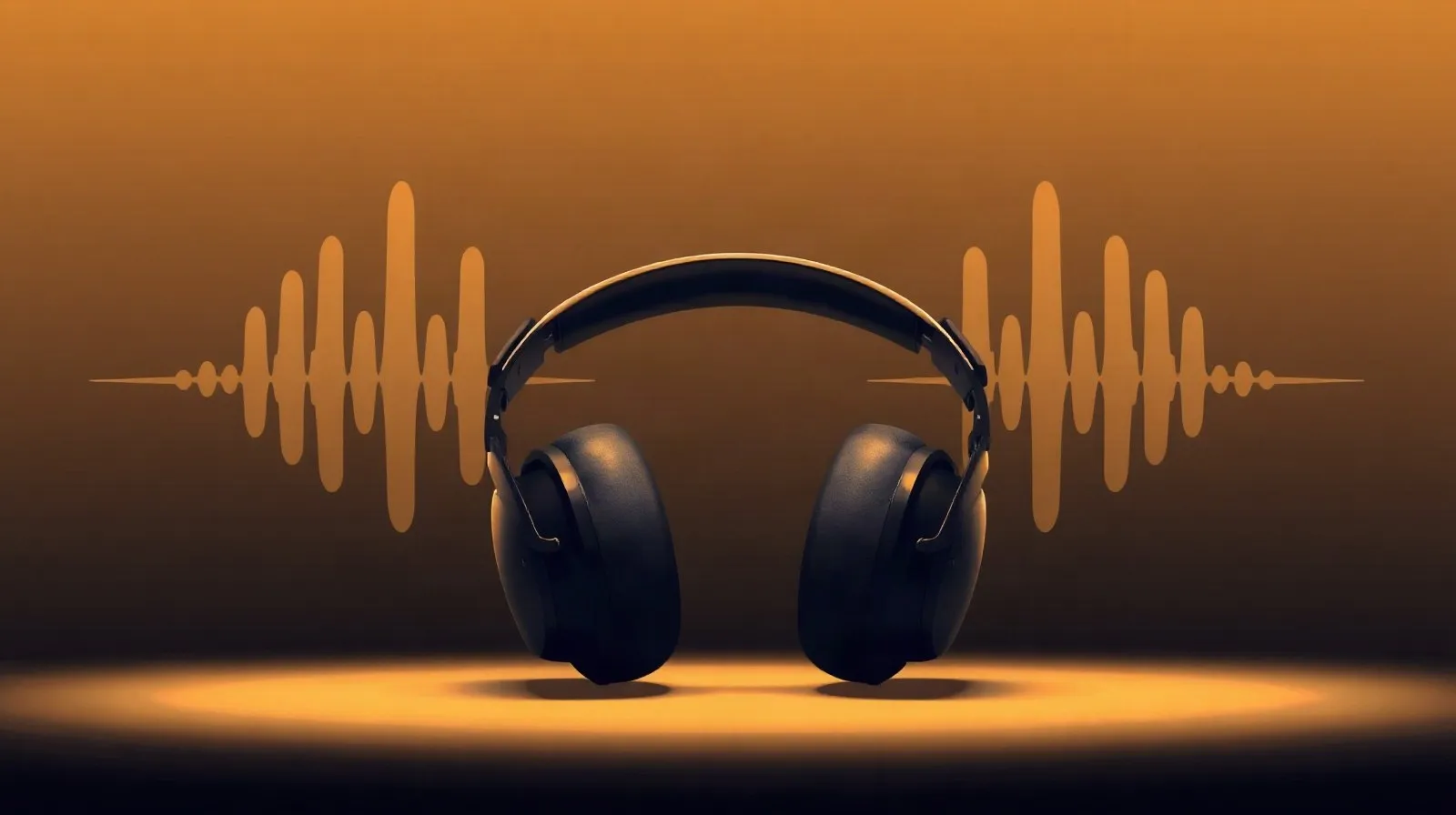 Ilustración abstracta que representa audífonos inalámbricos premium con ondas de sonido estilizadas