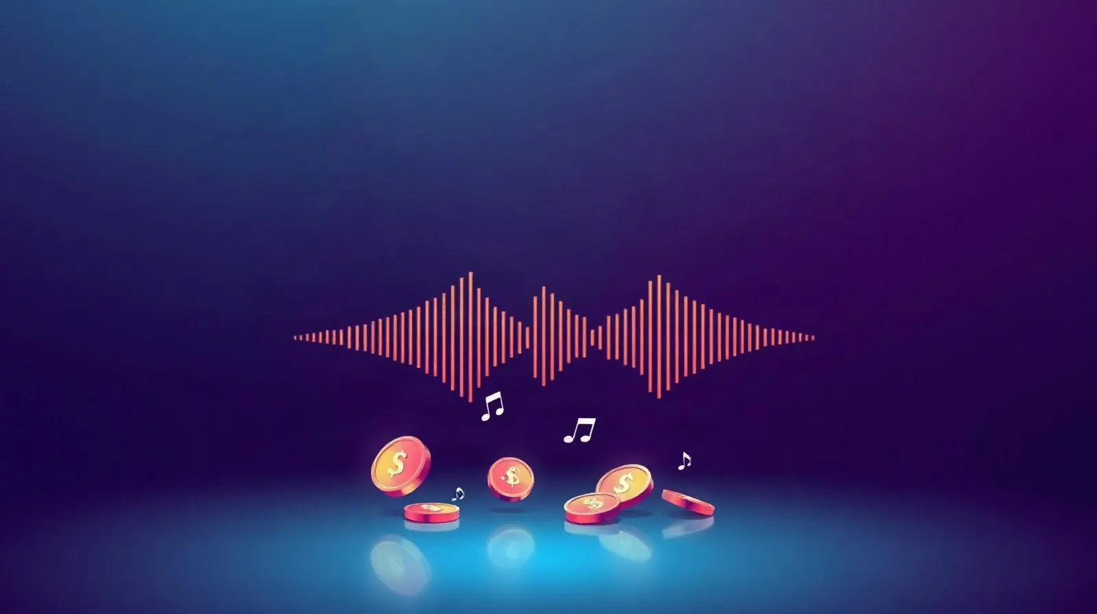 Ilustración abstracta de ondas de sonido transformándose en monedas, representando la venta directa de música en línea