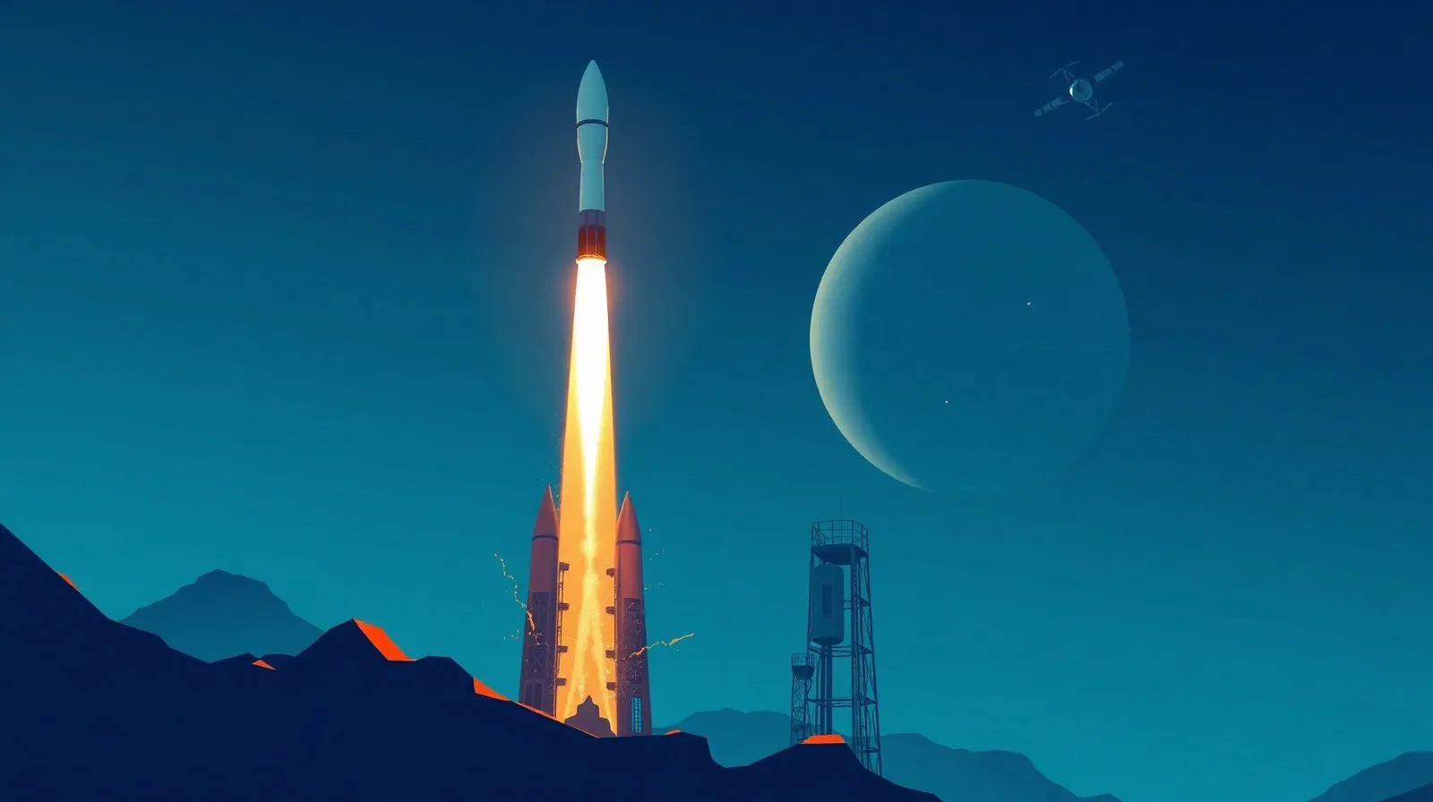 Ilustración abstracta de un cohete y una torre de lanzamiento junto a satélites orbitando