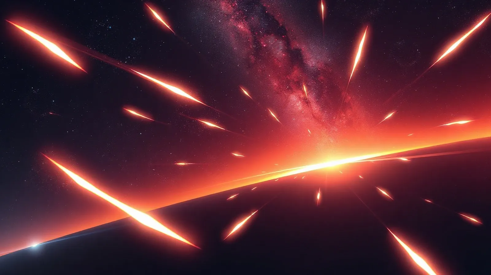 Ilustración abstracta de un paisaje galáctico futurista con fragmentos de energía brillante flotando en el espacio