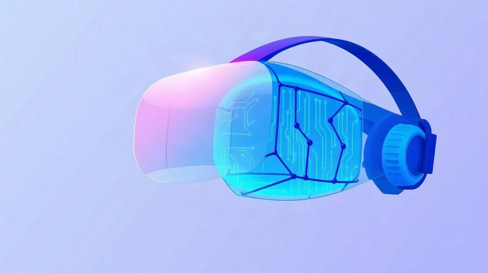 Ilustración abstracta de un visor de realidad virtual futurista con patrones de circuitos luminosos en tonos azules y morados