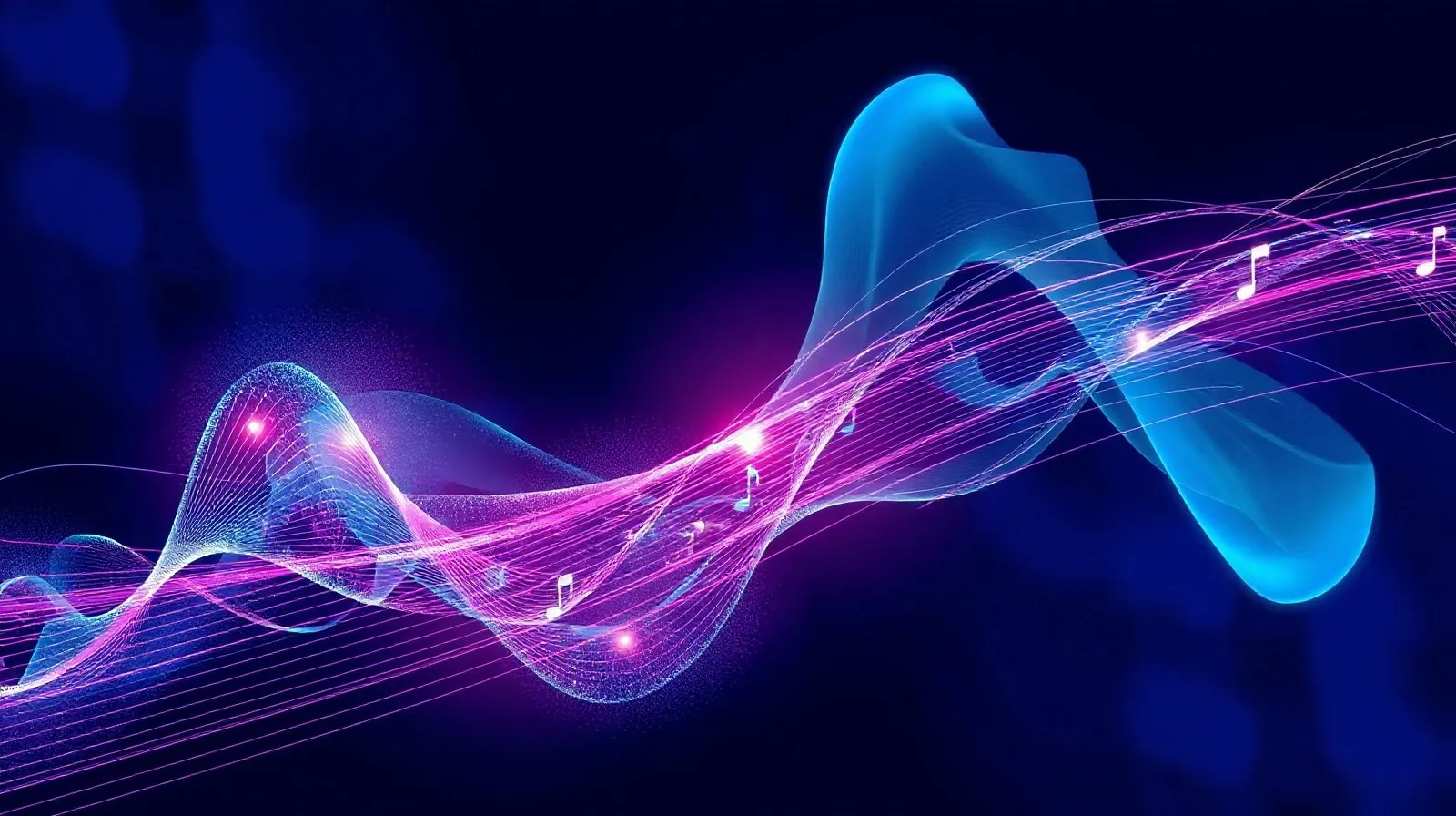 Ilustración abstracta de ondas sonoras digitales entrelazadas con patrones de marcas de agua representando música generada por inteligencia artificial