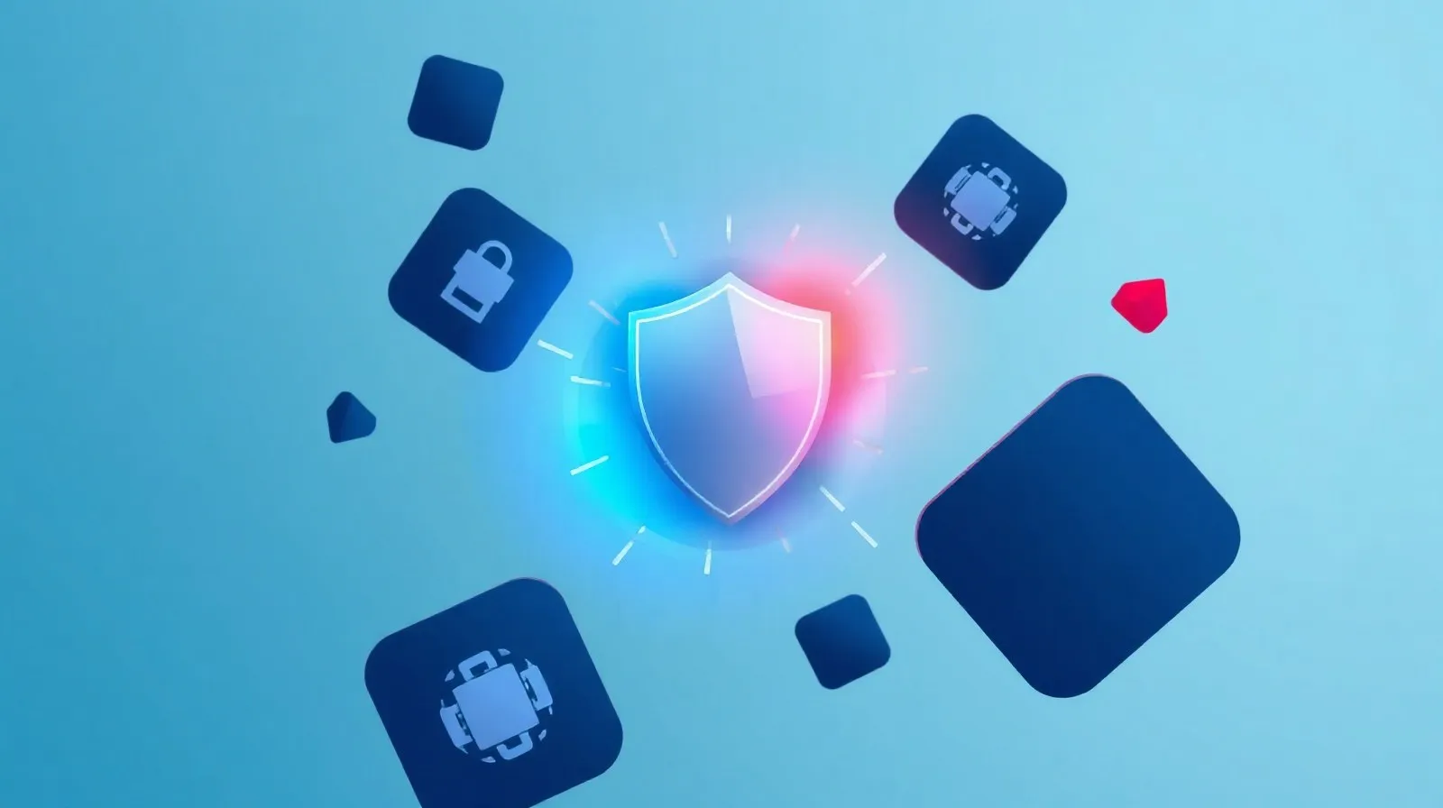 Ilustración abstracta de iconos de aplicaciones flotando junto a un escudo digital fragmentado, simbolizando la moderación de contenido en tiendas de aplicaciones