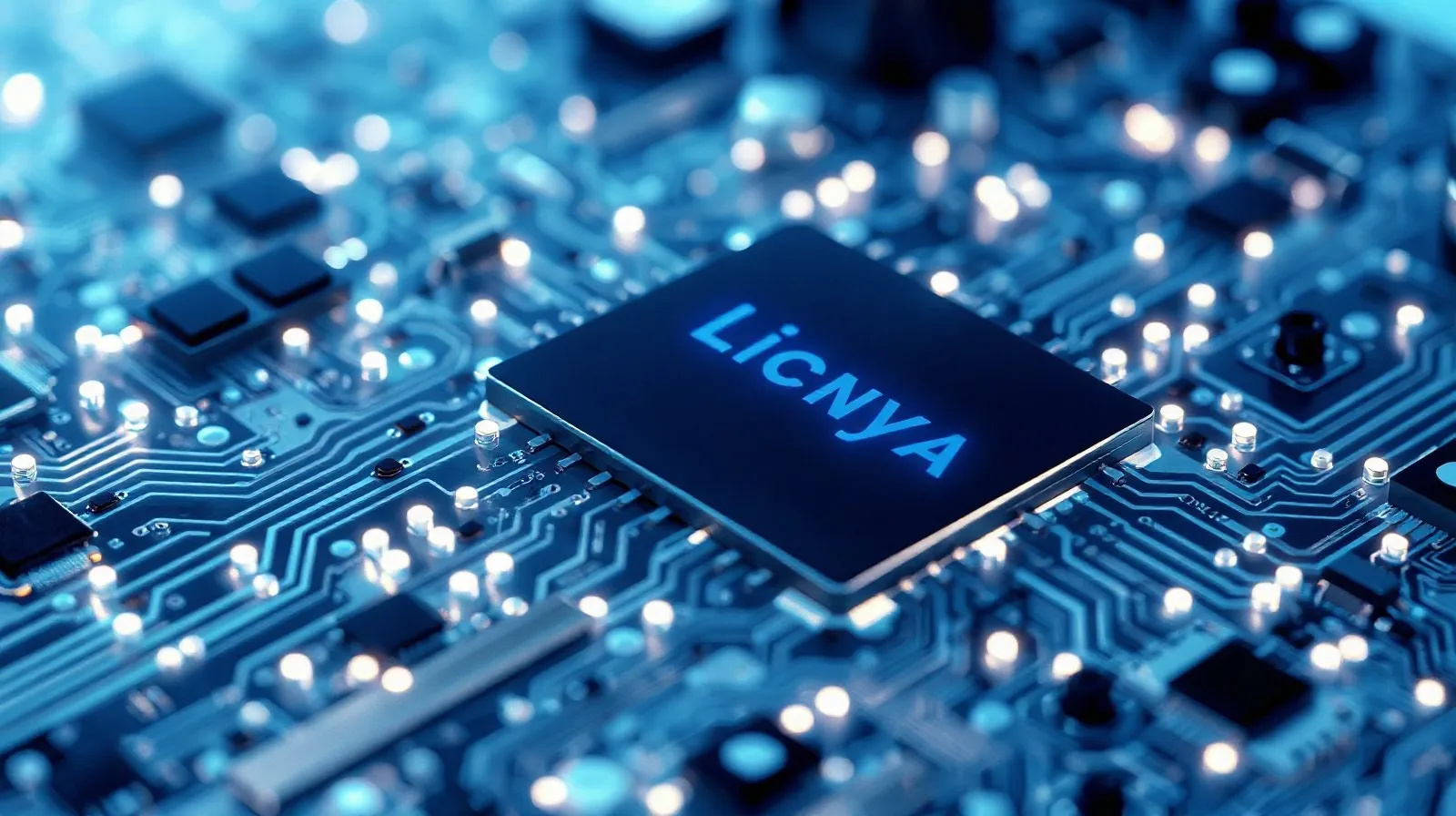 Ilustración abstracta de un chip semiconductor con circuitos iluminados en tonos azules