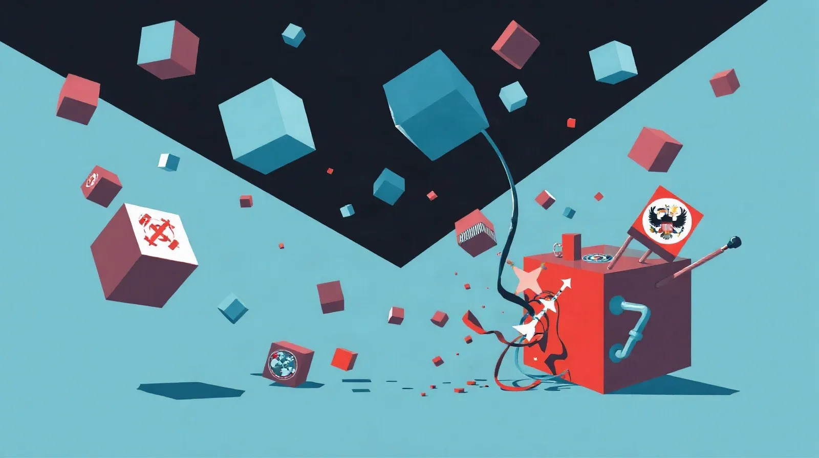 Ilustración abstracta de bloques de rompecabezas mezclados con símbolos de tensión geopolítica, evocando la historia real detrás de la película Tetris