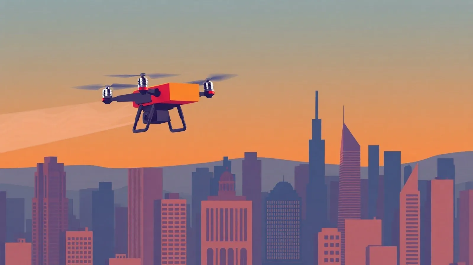 Ilustración abstracta de un dron de entrega sobrevolando una ciudad estilizada al atardecer