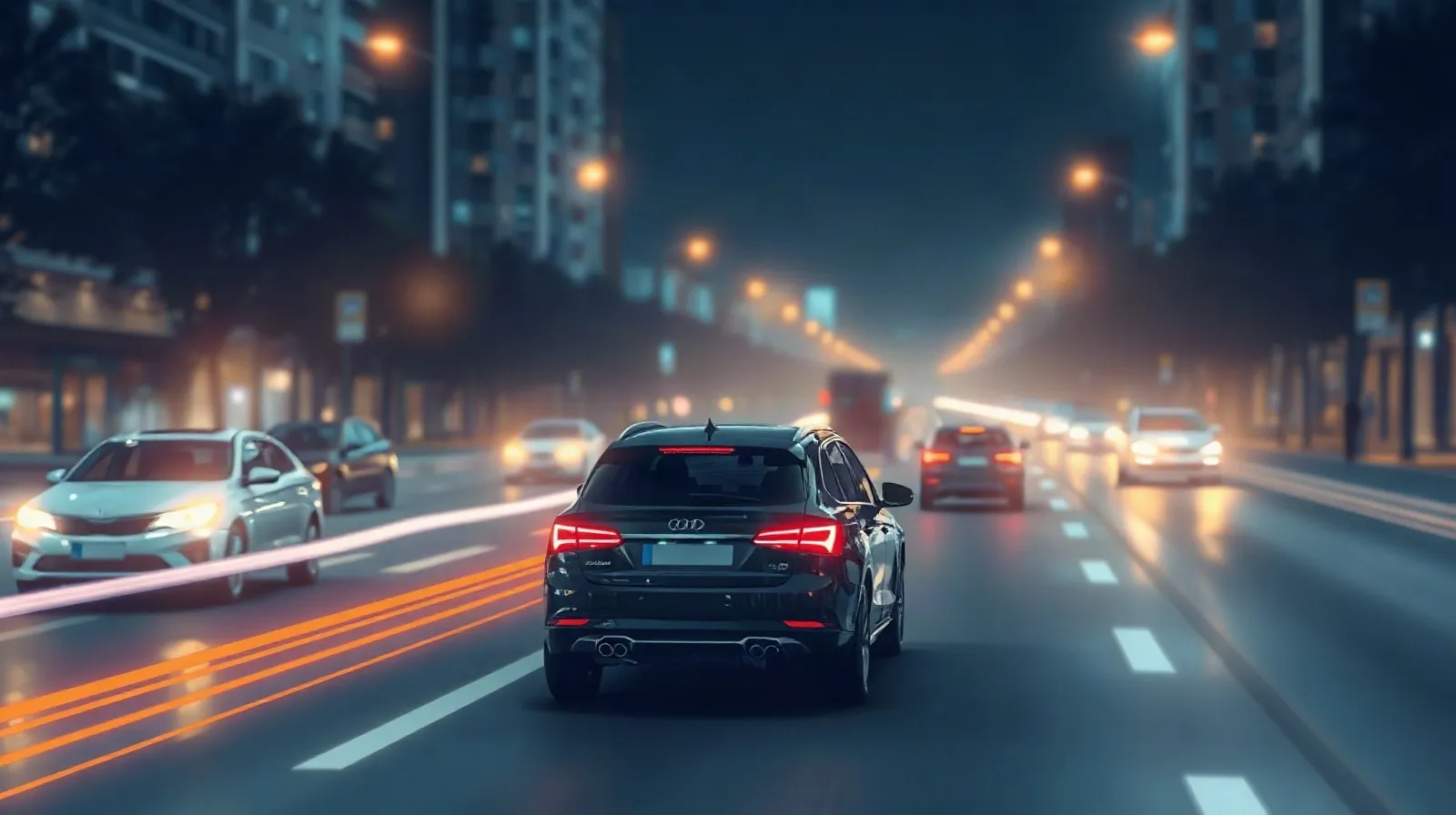 Ilustración abstracta de autos autónomos con luces y trazos digitales en una ciudad nocturna