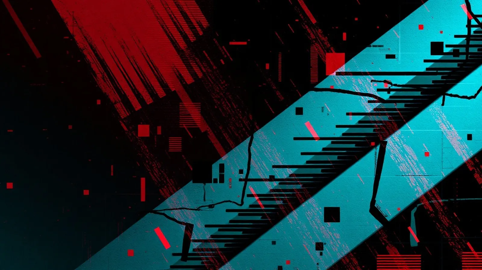 Ilustración abstracta de distorsiones gráficas y glitches en tonos rojos y verdes representando fallos técnicos en un videojuego