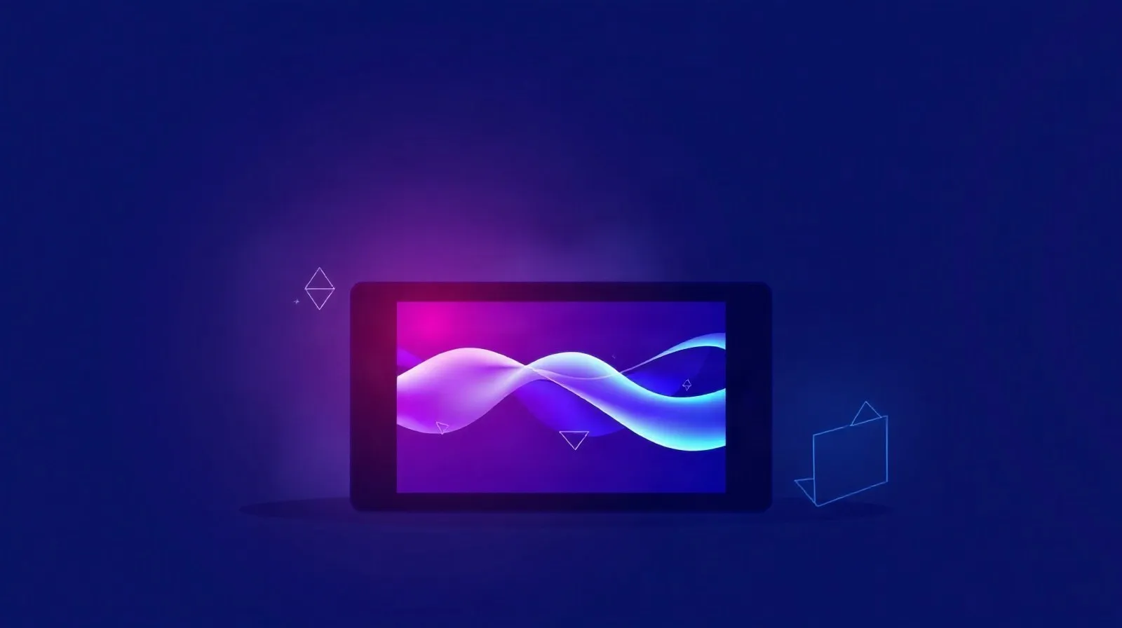 Ilustración abstracta de una tablet compacta con destellos de luz tipo pantalla OLED y una funda esquemática alrededor