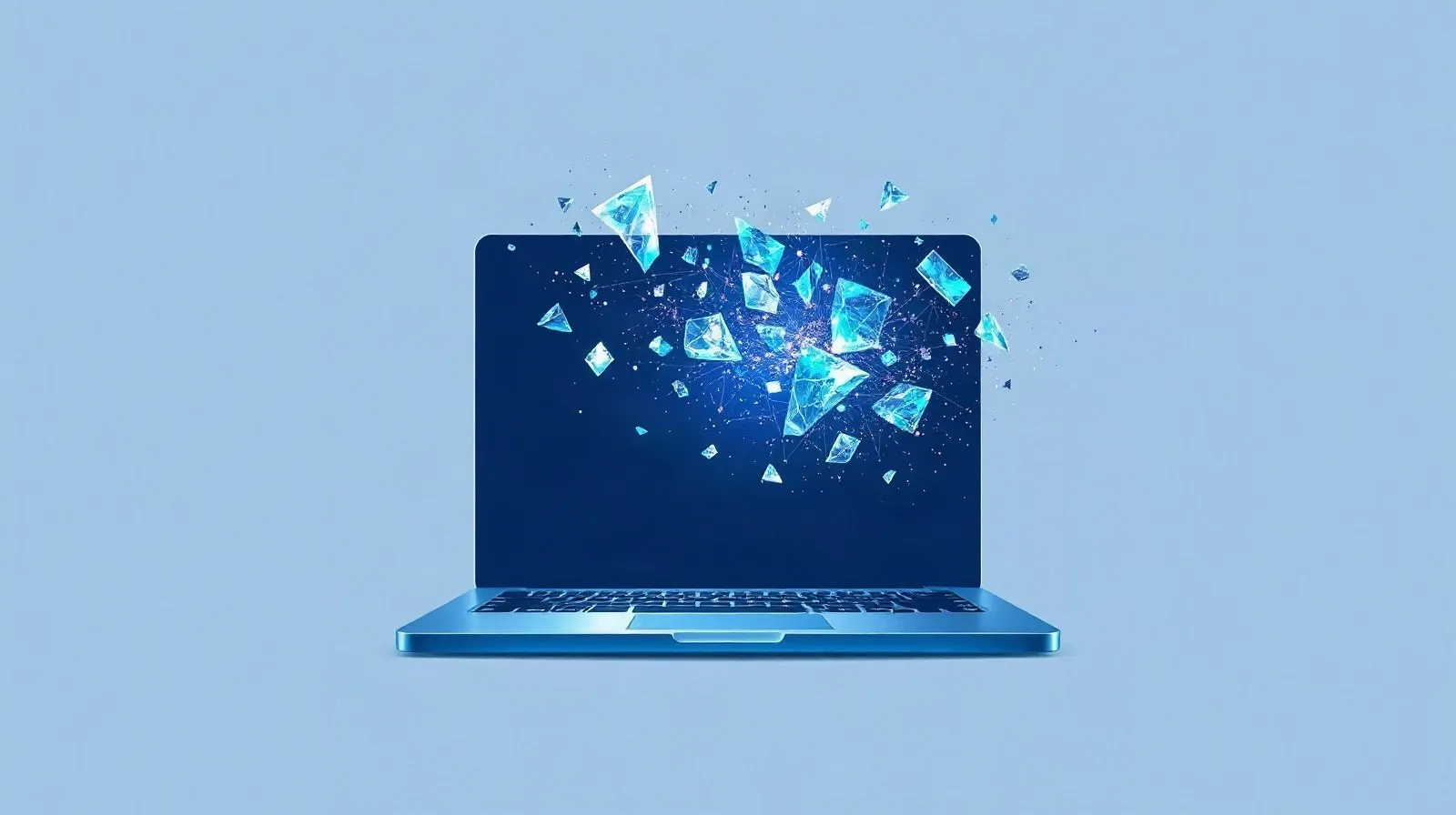 Ilustración abstracta de una laptop con fragmentos digitales disolviéndose, representando espacio de almacenamiento liberado