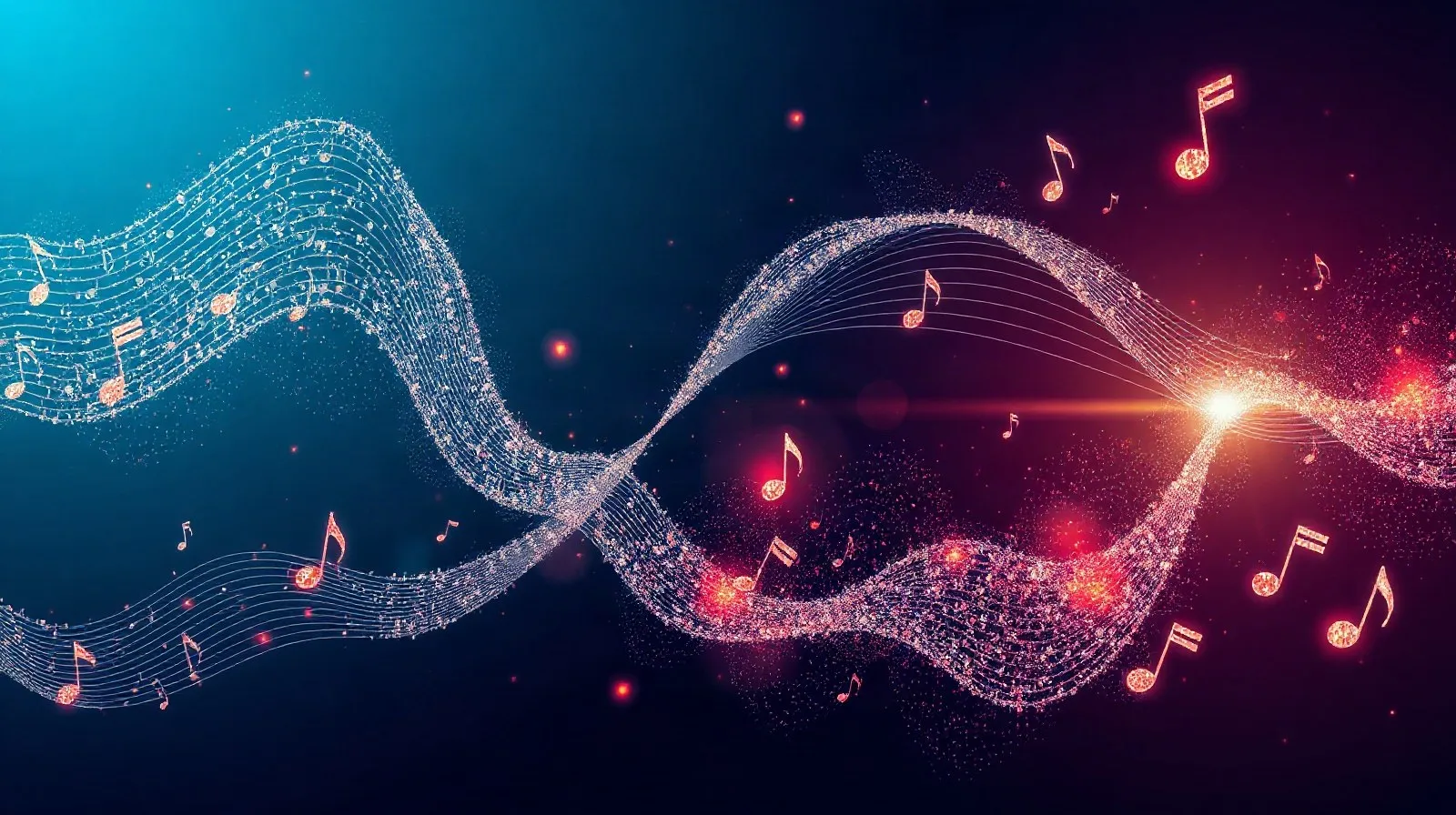 Ilustración abstracta de ondas sonoras y partículas digitales representando la creación musical con inteligencia artificial
