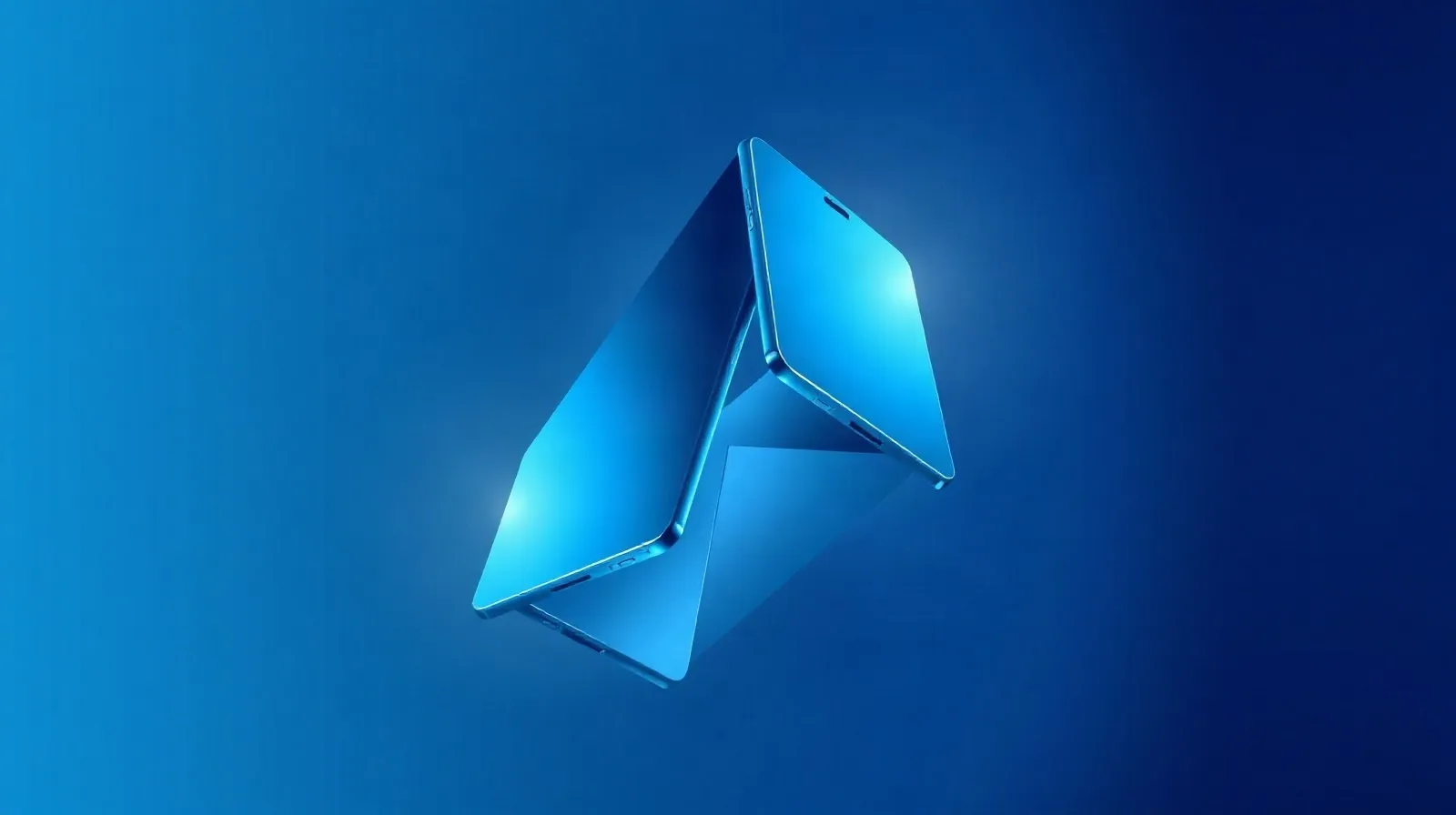 Ilustración abstracta de un teléfono plegable premium con dos paneles luminosos en tonos azules y grises