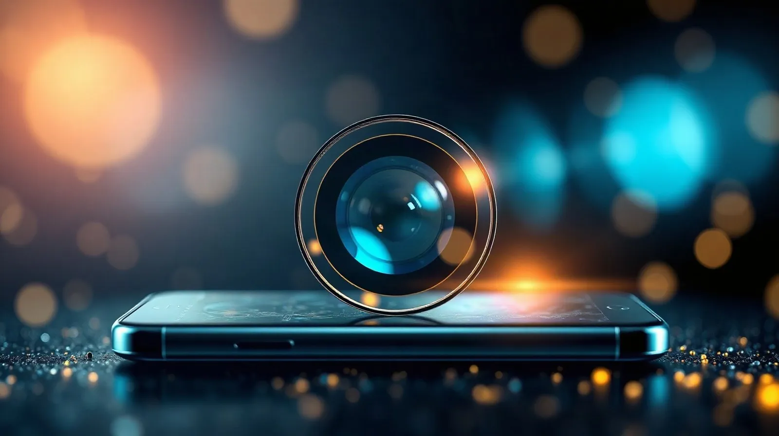 Ilustración abstracta de lentes y sensores de cámara superpuestos en tonos azules y dorados, representando tecnología fotográfica avanzada en smartphones