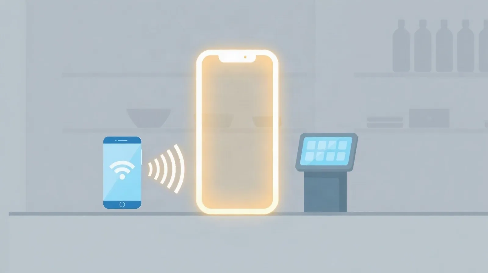 Ilustración abstracta de un pago sin contacto entre un teléfono y una terminal de cobro