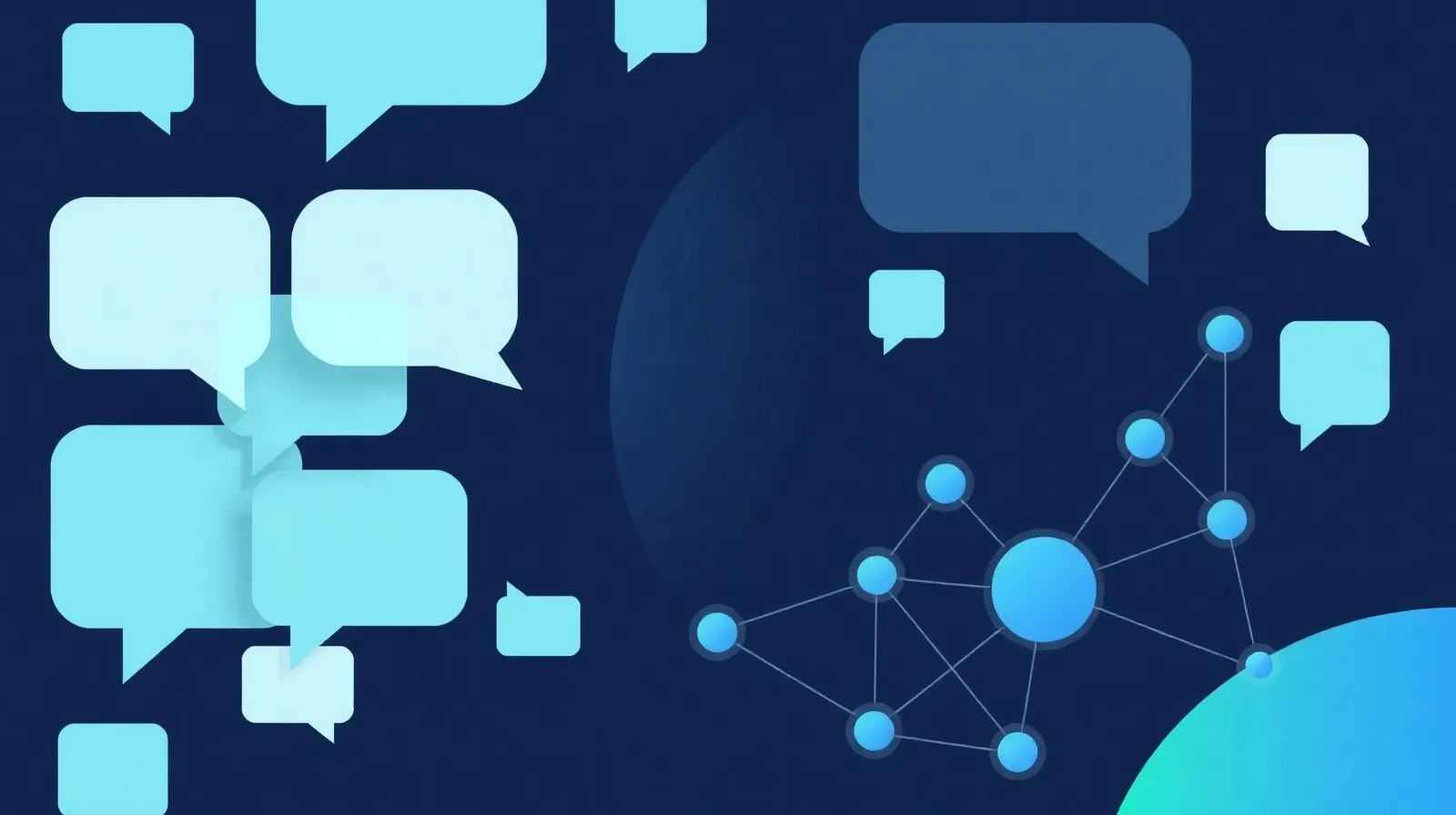 Ilustración abstracta de burbujas de conversación conectadas representando notificaciones grupales en una app de mensajería