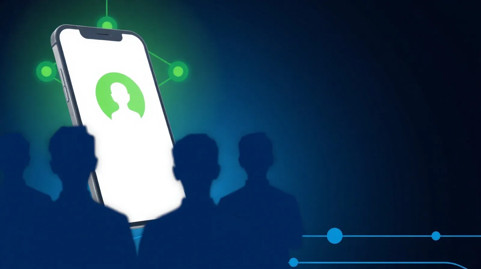 Ilustración abstracta de un punto verde de conexión sobre un fondo digital que representa el estado en línea en una app de mensajería