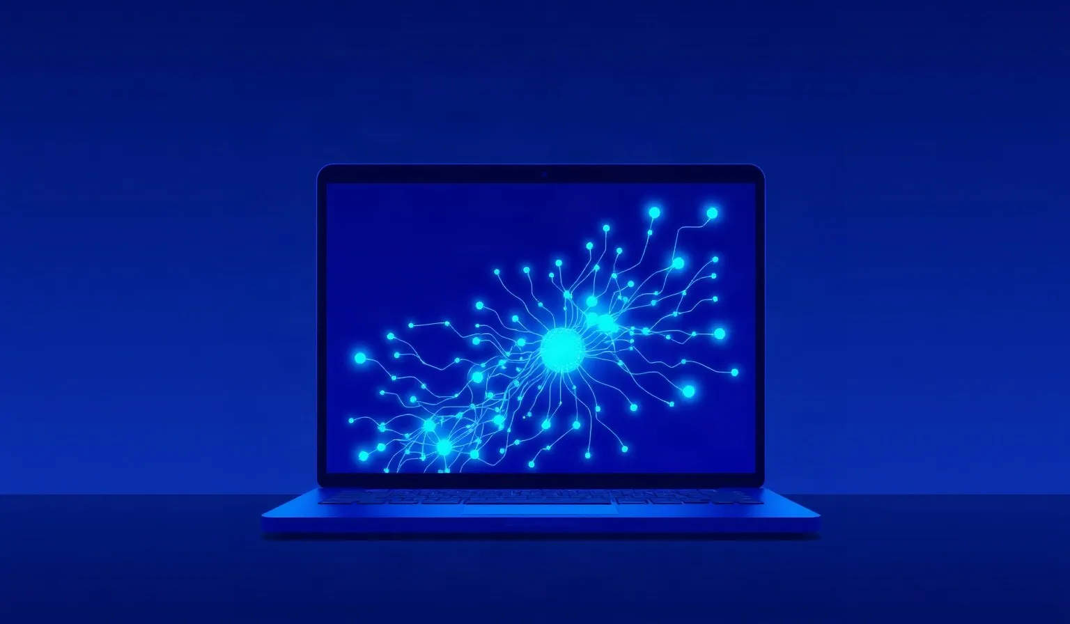 Ilustración abstracta de una laptop con patrones de red neuronal luminosos que representan inteligencia artificial local