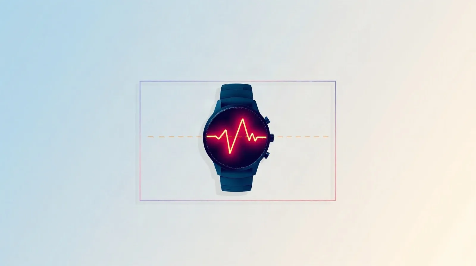 Ilustración abstracta de un reloj inteligente y una línea de datos de salud separados por una barrera translúcida que simboliza una suscripción