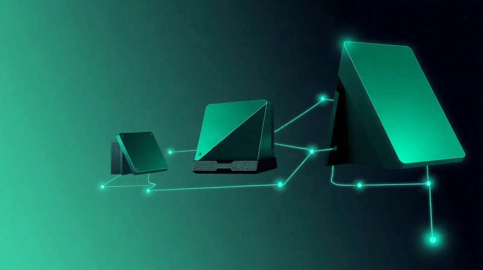 Ilustracion abstracta de varias formas geometricas conectadas que representan una familia de dispositivos de videojuegos