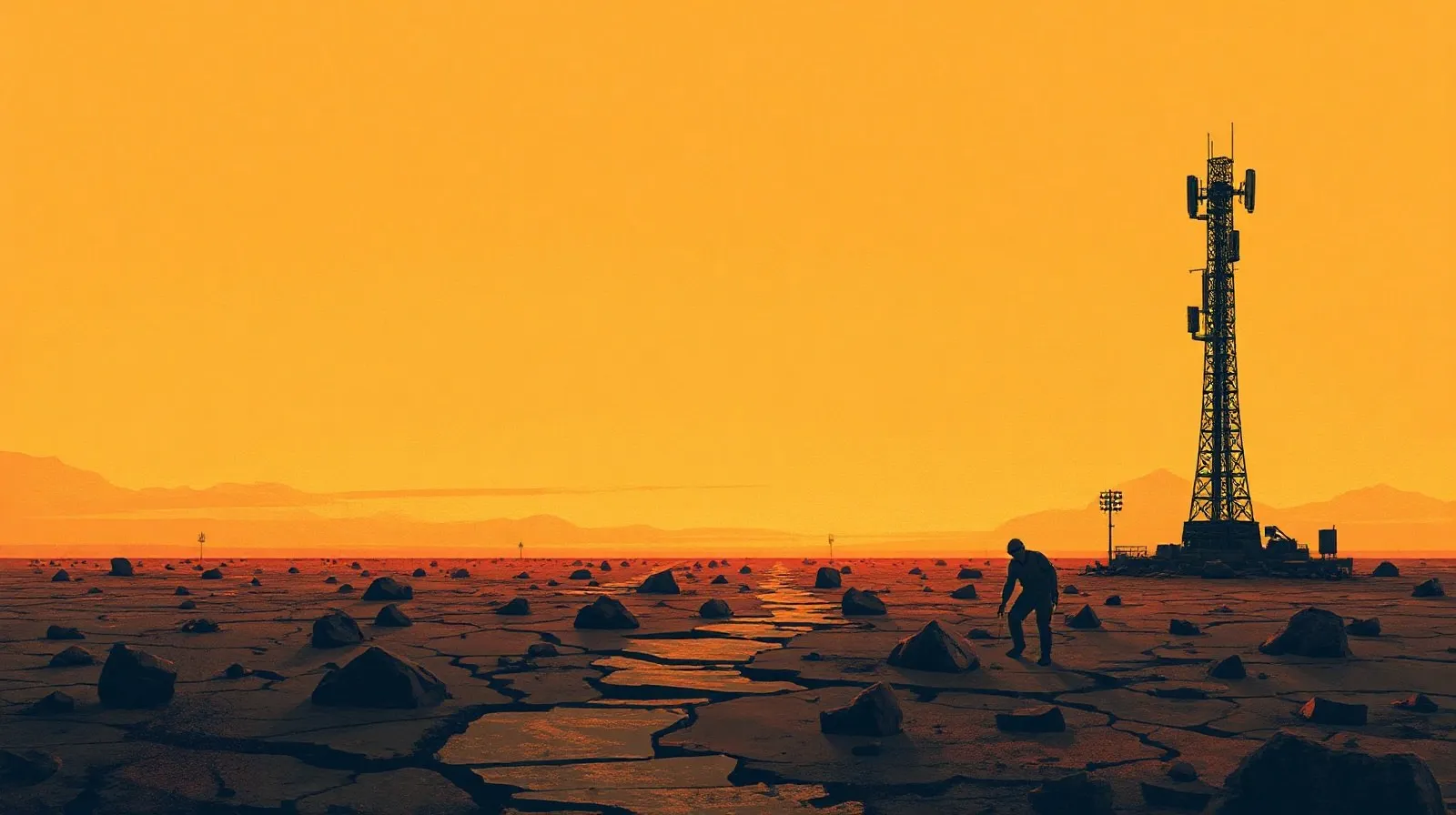 Ilustración abstracta de un páramo postapocalíptico bajo un cielo ámbar, evocando el universo de Fallout