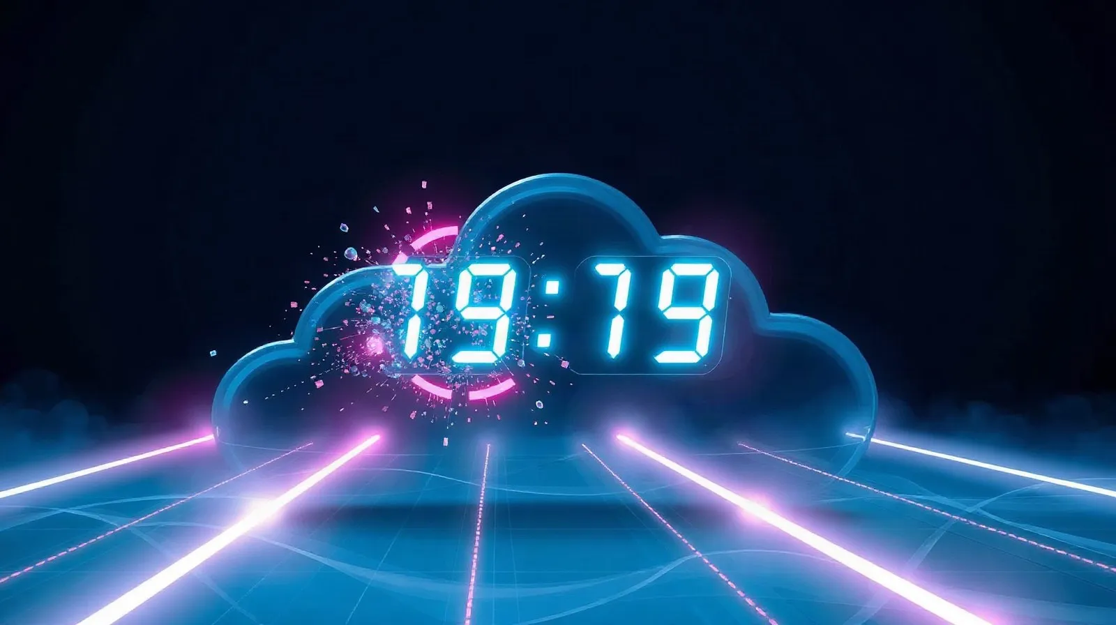 Ilustración abstracta de un reloj digital fragmentándose en flujos de luz que representan el streaming de videojuegos en la nube