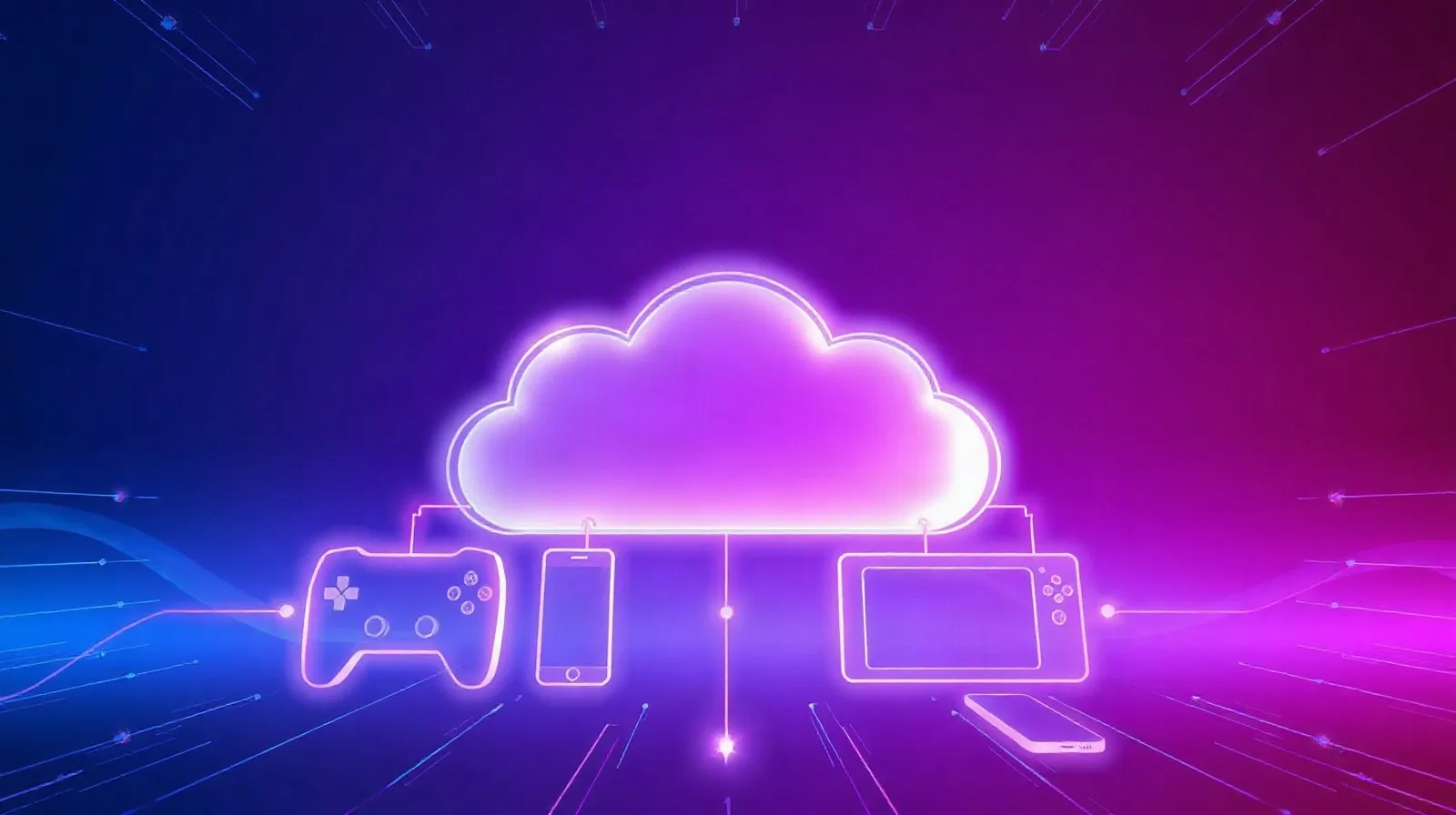 Ilustración abstracta de transmisión de videojuegos en la nube hacia distintos dispositivos