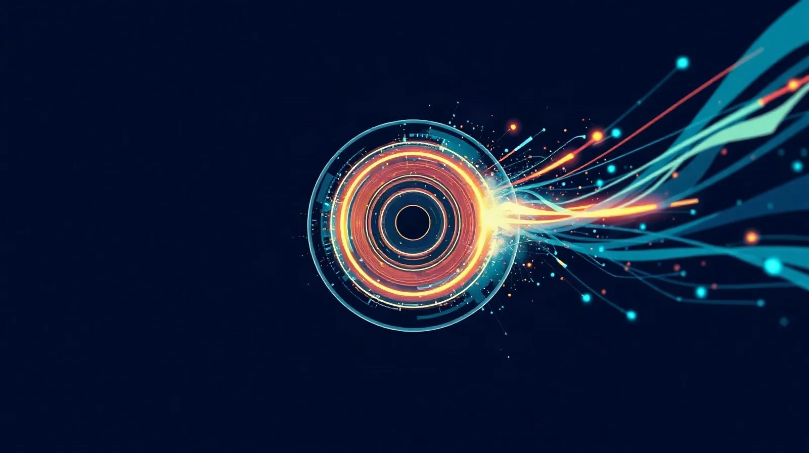 Ilustración abstracta de un disco de videojuego transformándose en partículas de luz digital