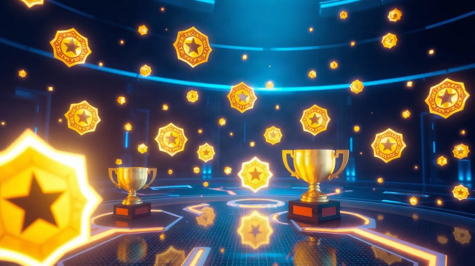 Ilustración abstracta de insignias y medallas digitales que representan logros de videojuegos