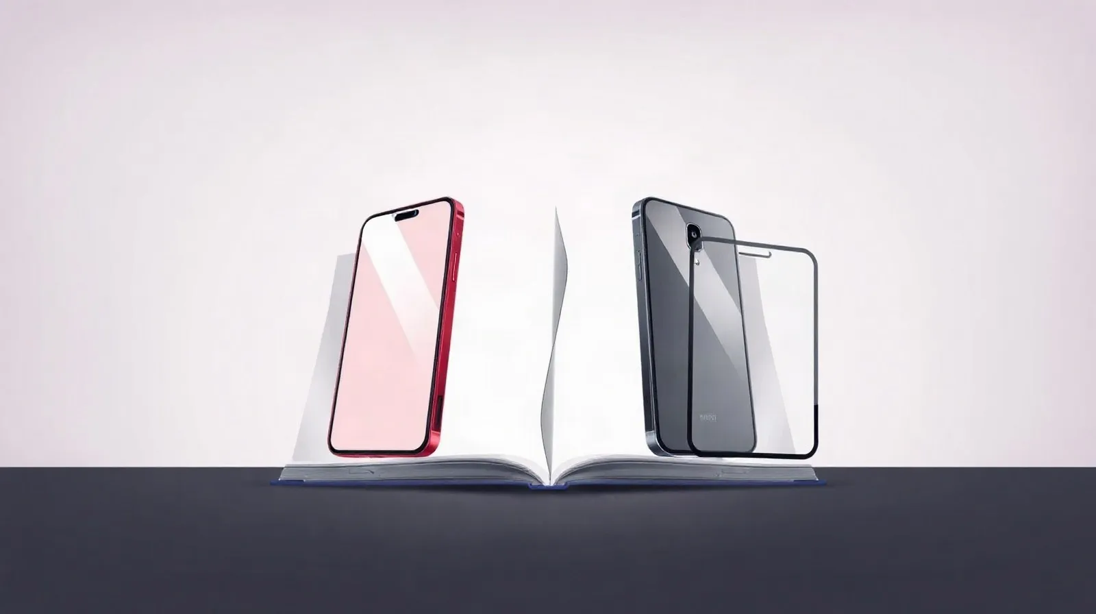 Ilustración abstracta de dos teléfonos plegables enfrentados, uno rojo y otro gris, representando la comparación entre dispositivos