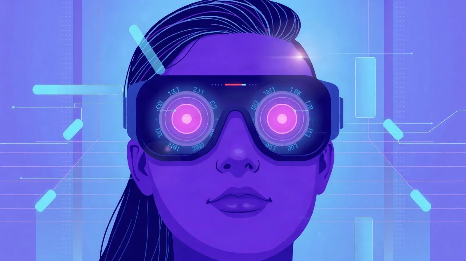 Ilustración abstracta de lentes de realidad aumentada con destellos de luz y patrones digitales