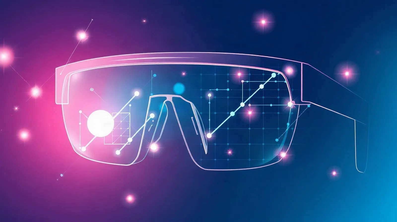 Ilustración abstracta de lentes inteligentes con formas geométricas translúcidas y luces digitales que representan la realidad aumentada