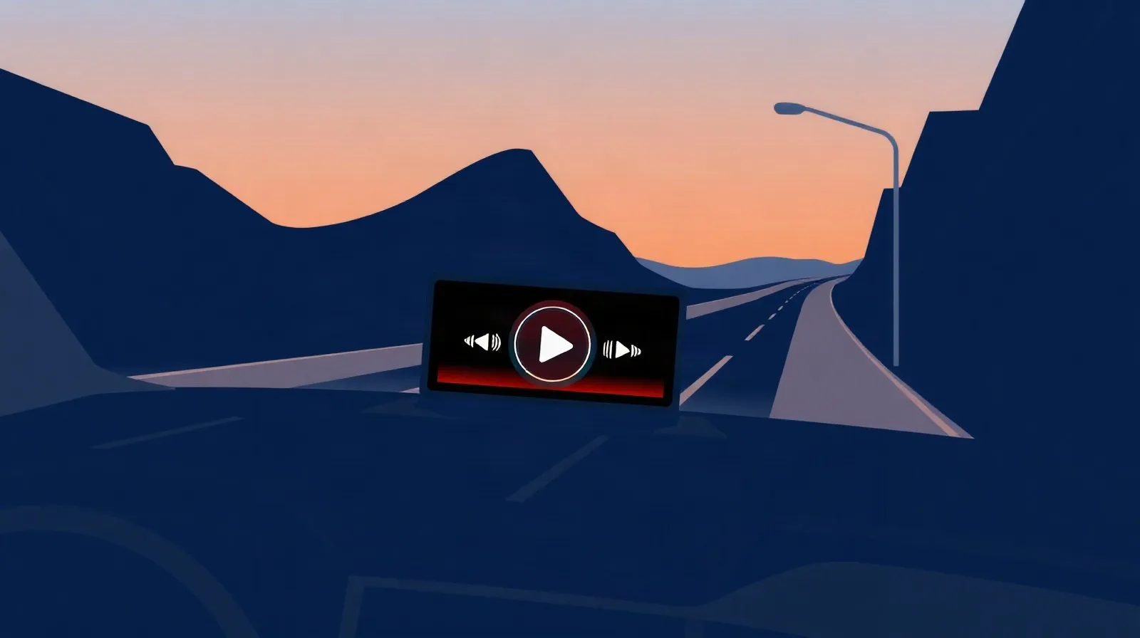 Ilustración abstracta de una pantalla de auto con ondas de sonido y una carretera al atardecer