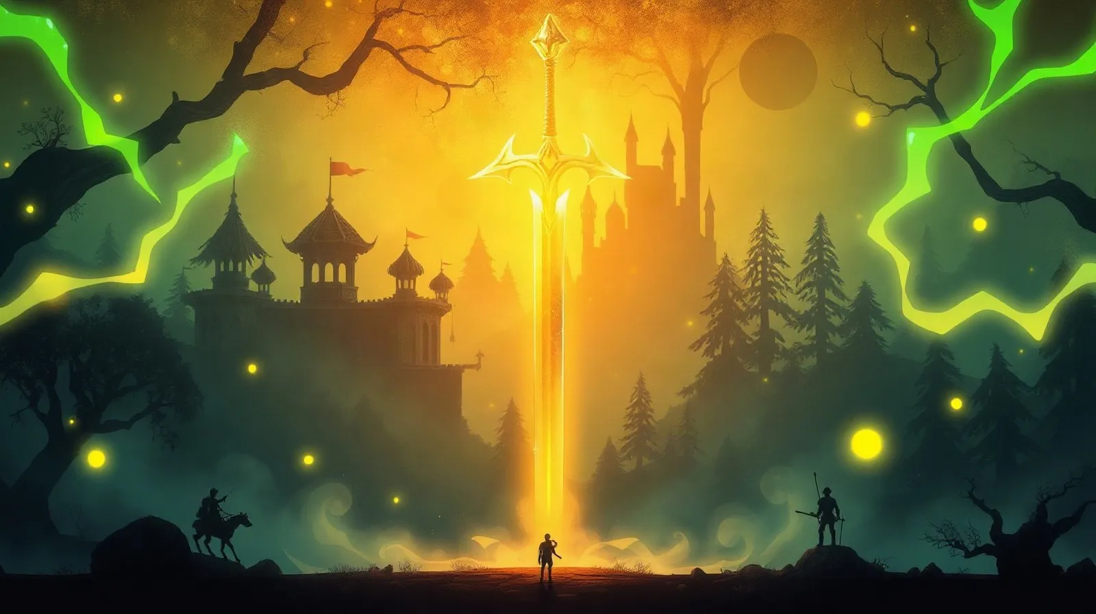 Ilustración abstracta con motivos de aventura y fantasía inspirada en un videojuego clásico de Nintendo